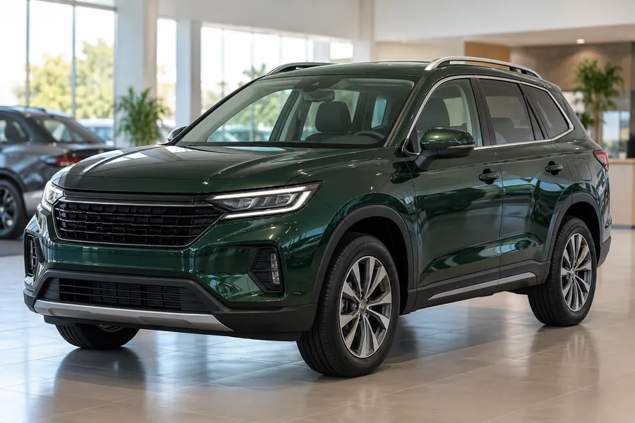 SUV verde ilustrativo em um showroom